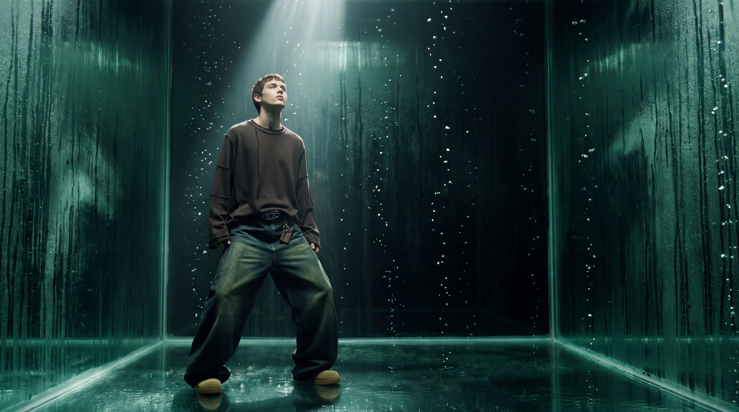 A man stands inside a glass-walled room or elevator-like structure with a dark floor and walls, lit by a spotlight from above. The scene has a moody, cinematic look with greenish-blue tones and vertical streaks of light on the glass.